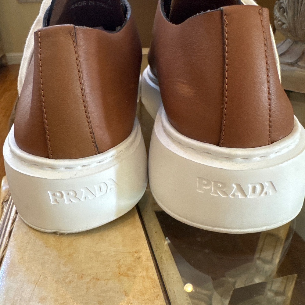 Prada 37 1/2 Minimal Leather Cognac Sneaker - Picture 7 of 9